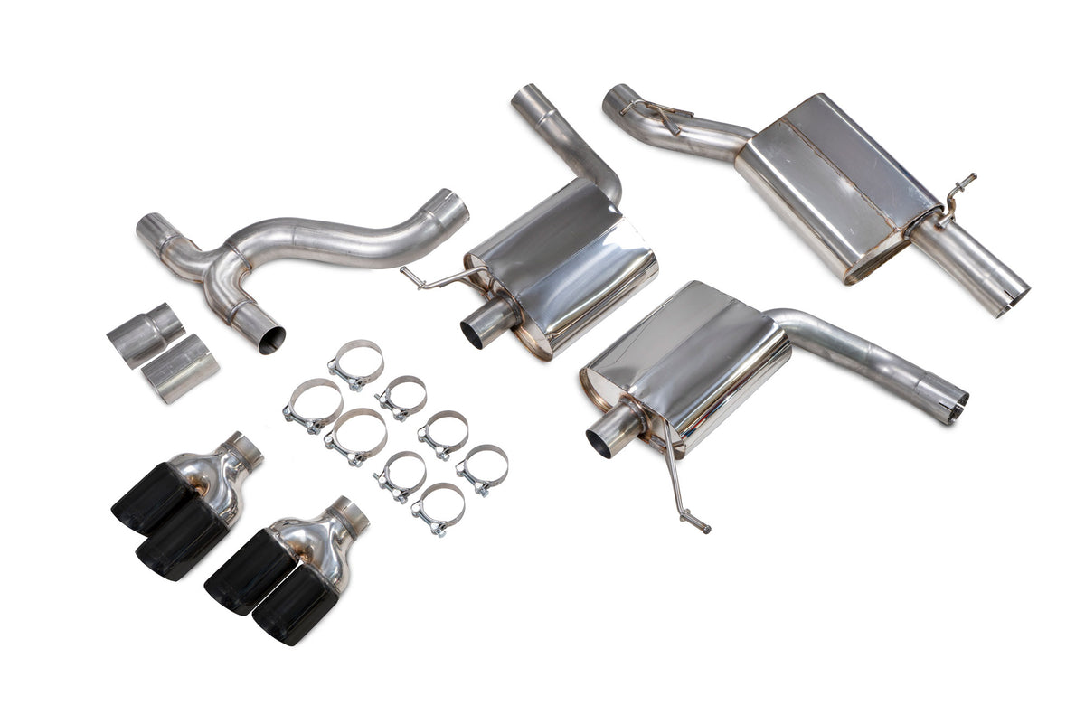 Scorpion Exhausts GPF-Back exhaust system installed on a Seat Leon Cupra ST 300 4Drive, showcasing the resonated design and exhaust pipes.