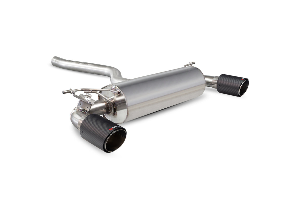 Scorpion BMW M240i GPF back exhaust system with electronic valve, showcasing polished metal pipes and dual exhaust tips.