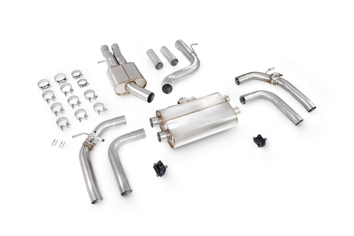 Scorpion Audi RS3 8Y saloon GPF-back exhaust system with resonated cat and valves, featuring polished stainless steel pipes.