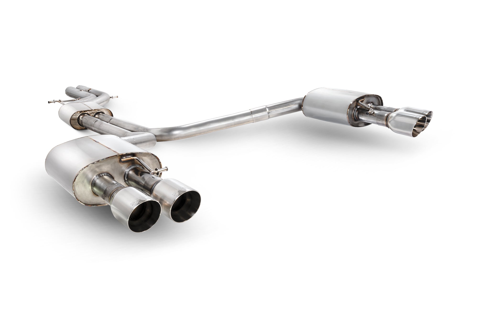 Scorpion Audi S6/S7 C7 resonated half exhaust system with no valves, showcasing polished stainless steel pipes and muffler components.