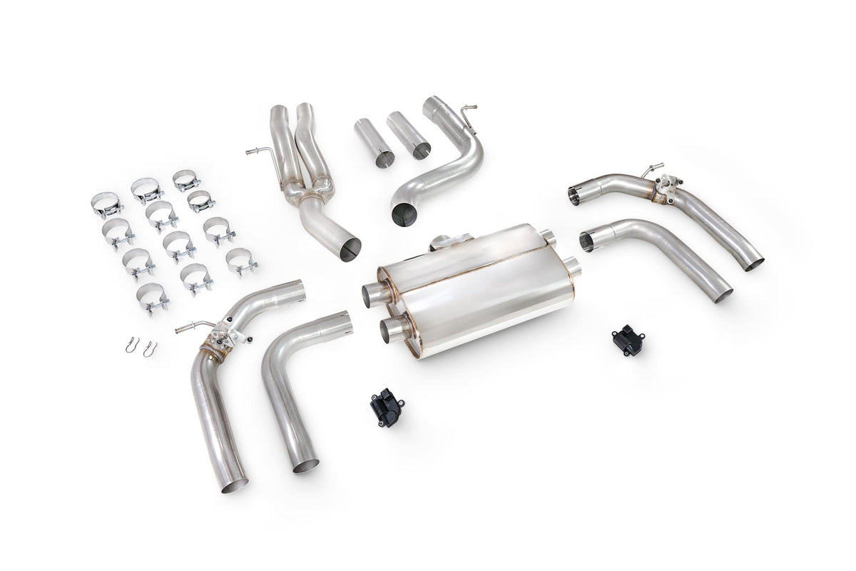 Scorpion Audi RS3 8Y saloon GPF-back exhaust system with non-resonated pipes and electronic valves, showcasing the stainless steel design.