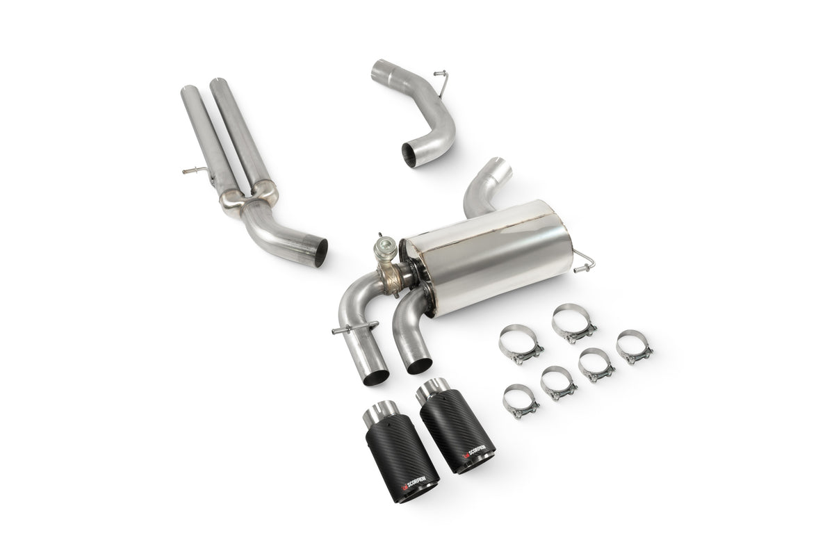 Scorpion Audi RS3 8P non-resonated secondary cat-back exhaust system with polished stainless steel pipes and mufflers.