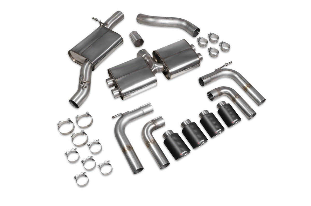 Scorpion Audi S3 8V GPF-back exhaust system with resonated cat back design, showcasing the sleek stainless steel pipes and muffler.