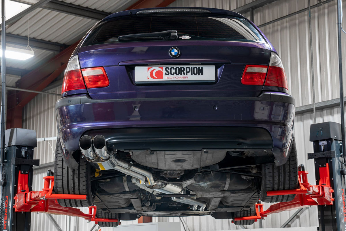Scorpion BMW E46 cat-back exhaust system installed on coupe, saloon, estate, and cabriolet models, showcasing polished stainless steel pipes.
