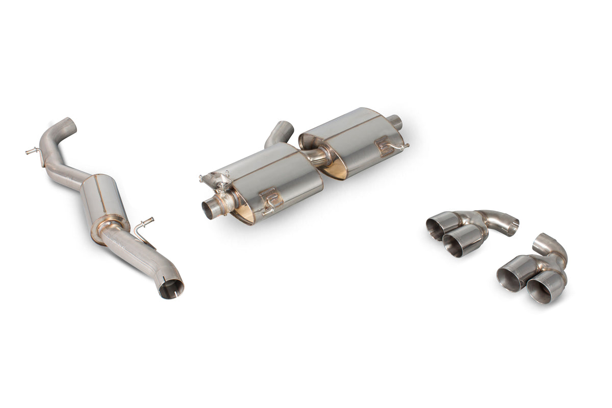 Scorpion Audi S1 2.0 TFSI quattro cat-back exhaust system with resonated pipes and electronic valves, showcasing polished metal components.
