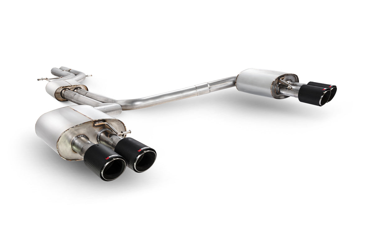 Scorpion Audi S6/S7 C7 resonated half exhaust system without valves, showing polished metal pipes and muffler components.
