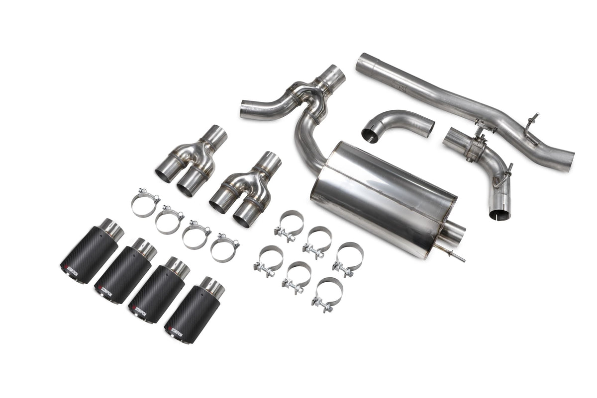 Scorpion BMW M235i Gran Coupe xDrive GPF-Back Exhaust System with electronic valve, showcasing polished stainless steel pipes and exhaust tips.