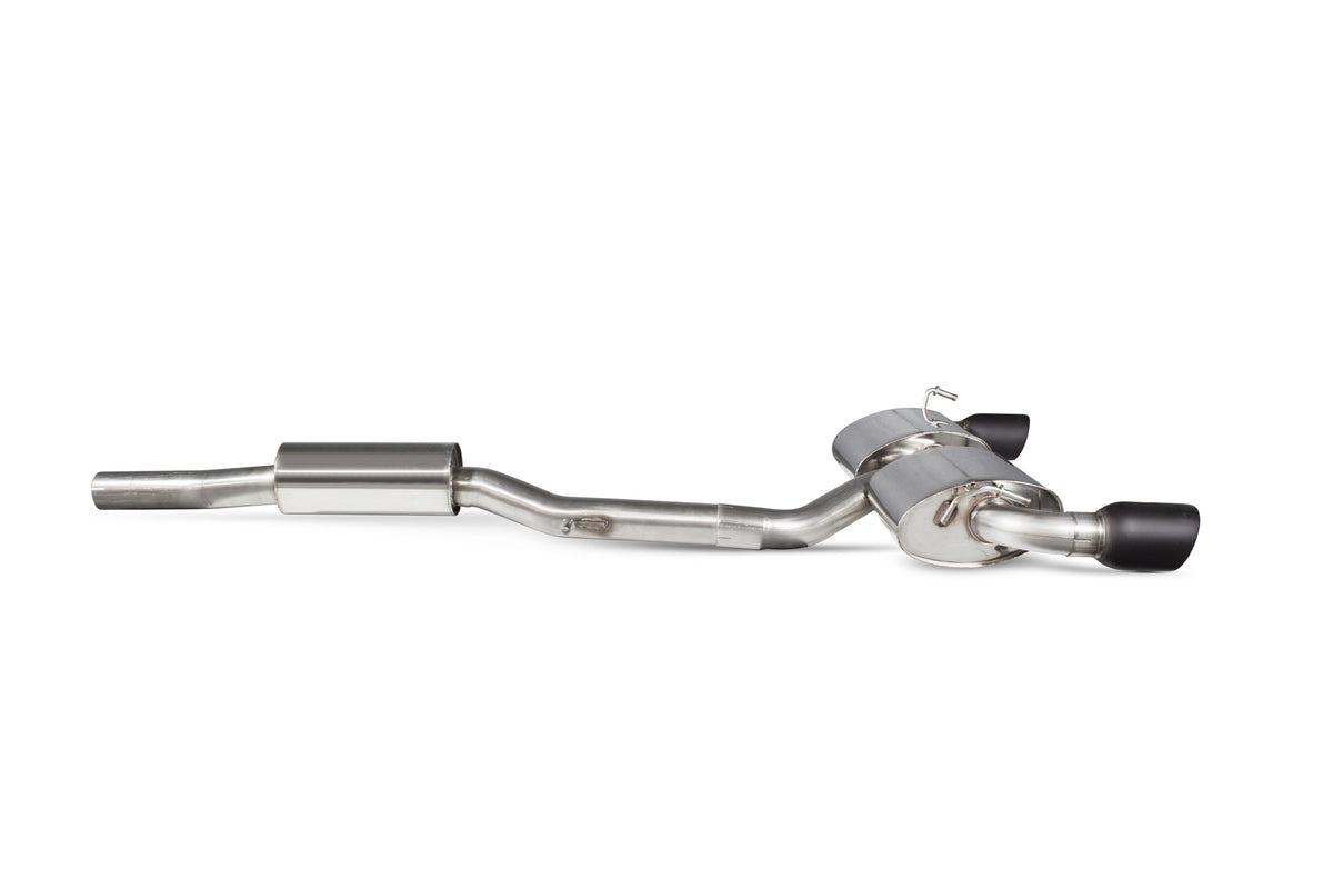 Scorpion Volkswagen Golf Mk4 R32 resonated cat-back exhaust system with polished stainless steel tubing and dual exhaust tips.