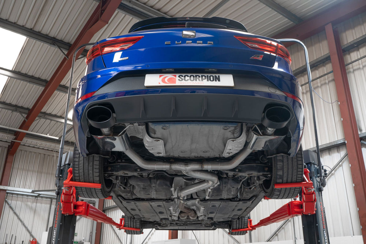 Scorpion Exhausts GPF-Back Exhaust System for Seat Leon Cupra ST 300 4Drive, showing the stainless steel exhaust pipes and muffler.