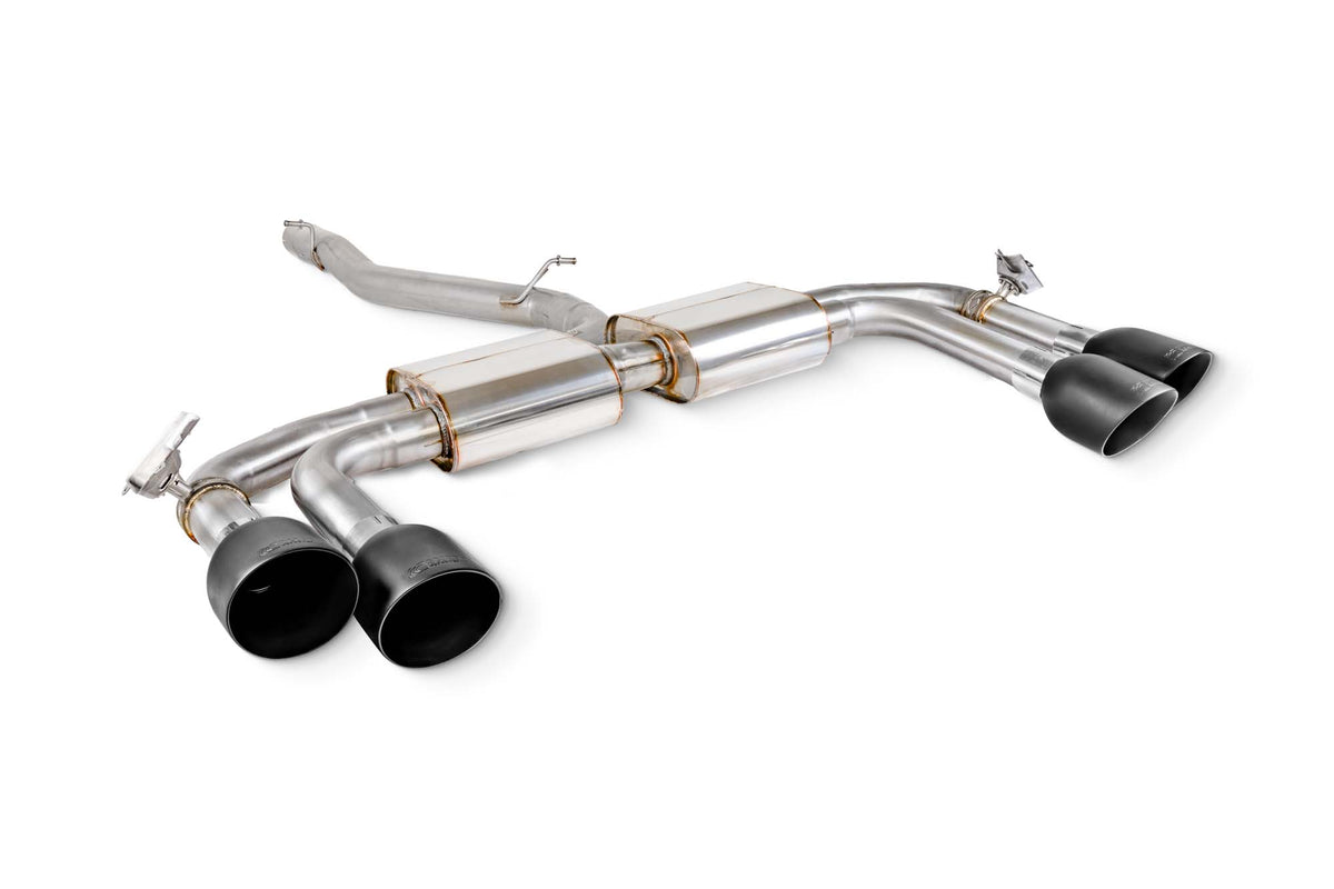 Scorpion Audi S3 8Y Sportback GPF-back exhaust system with electronic valves, showcasing polished exhaust tips and piping.