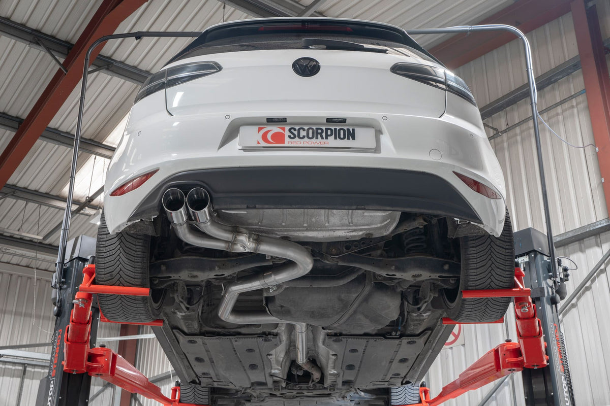 Scorpion Volkswagen Golf MK7 GTD 185PS cat-back exhaust system with polished metal pipes and dual exhaust tips.