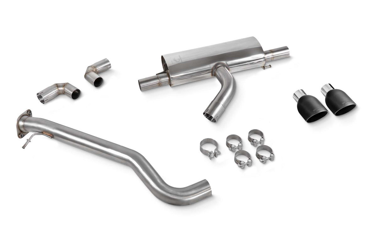 Scorpion Toyota Yaris GR GEN 2 GPF-Back exhaust system with non-resonated muffler, showcasing shiny stainless steel pipes and tips.