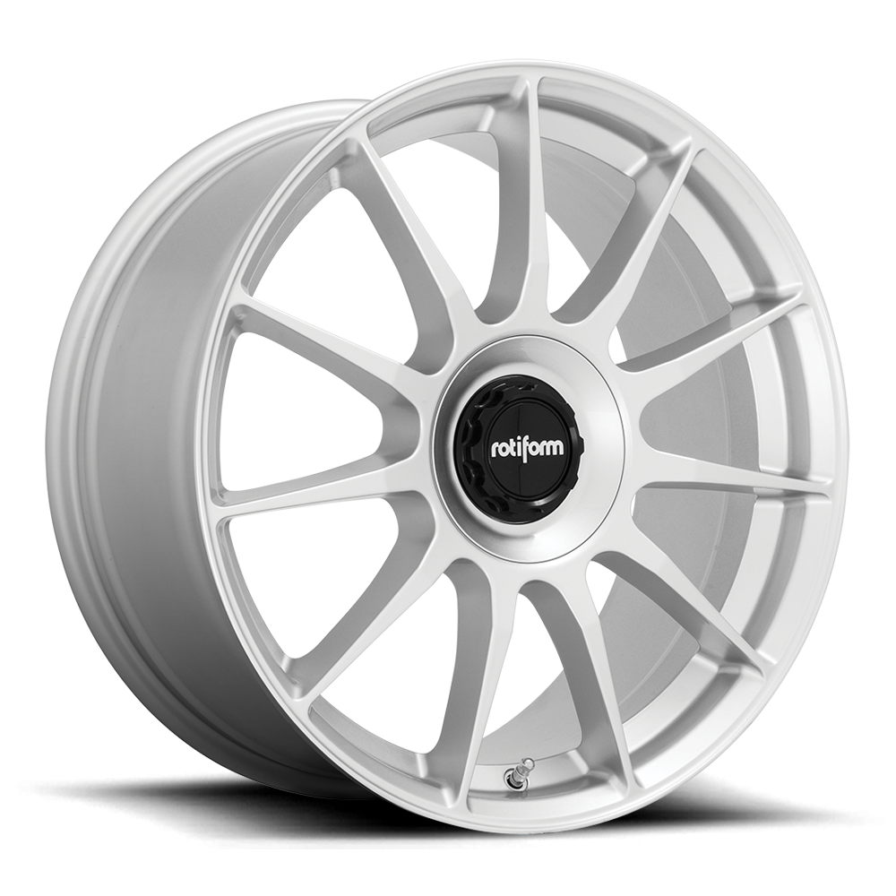 Rotiform DTM black and silver wheels, 19-inch alloy rims with a sleek design and et45 offset, shown in silver finish.