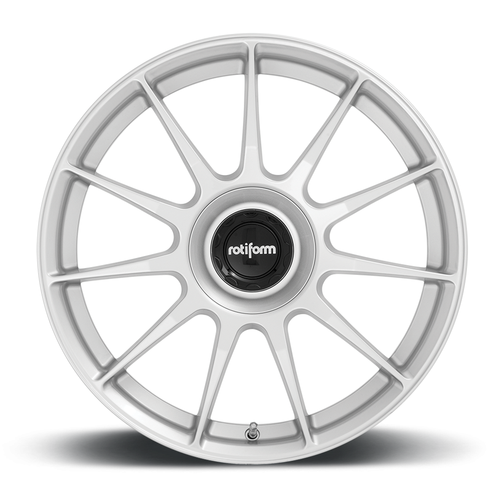 Rotiform DTM black and silver alloy wheels, 19-inch size, with a sleek face design and matte finish, shown from a front-side angle.