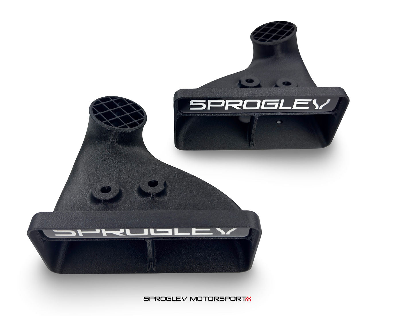 Sprogley Motorsport brake ducts for MQB and MQB EVO lower control arms, designed for efficient brake cooling.