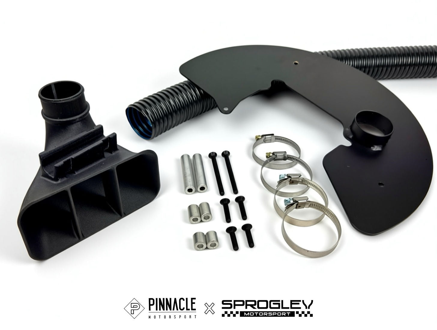 Sprogley Motorsport Pinnacle Complete Lower Arm Brake Cooling Kit for BMW F8X with black brake ducts and mounting hardware.