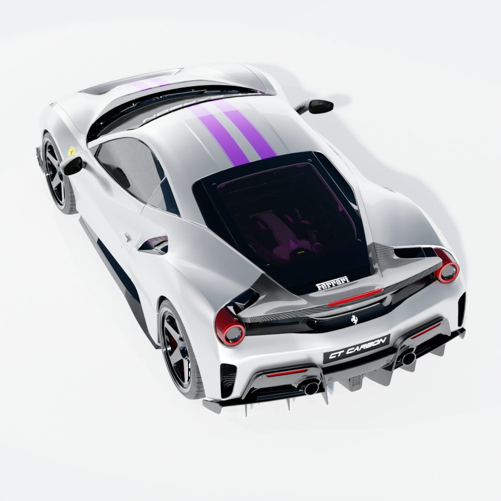Carbon fibre kit for Ferrari 488 Pista by CT Carbon, showing detailed close-up of carbon fibre components and finish.
