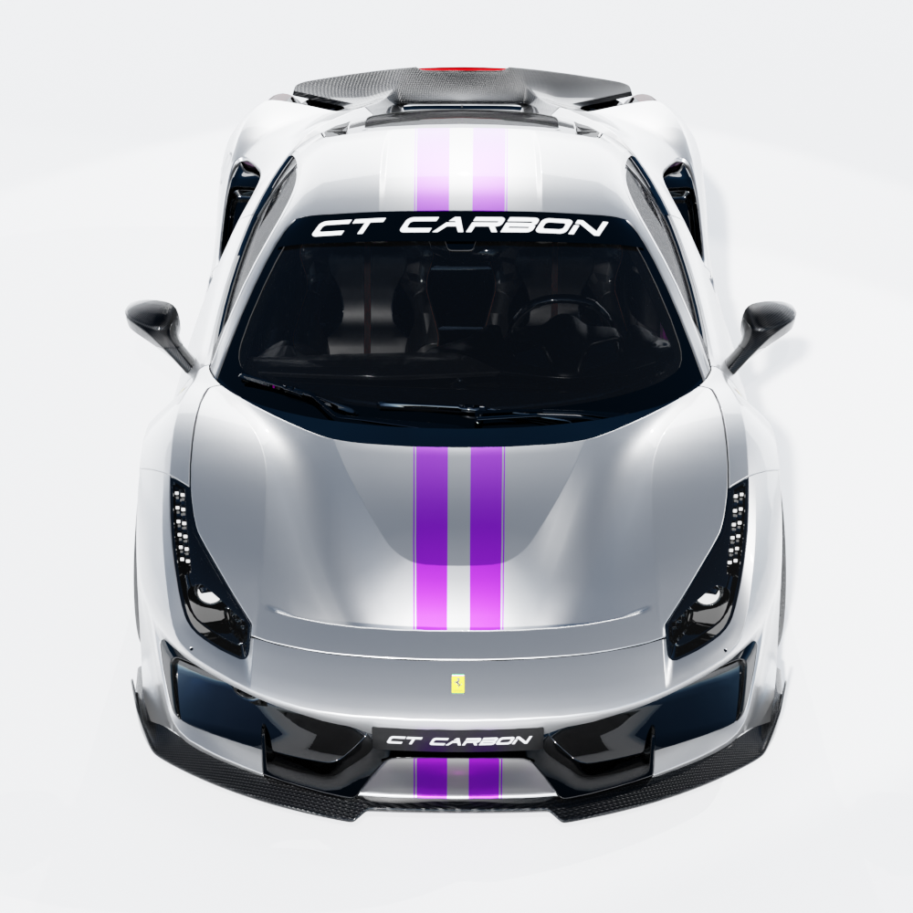Ferrari 488 Pista carbon fibre kit by CT Carbon, showing detailed carbon fibre parts on the car's exterior.