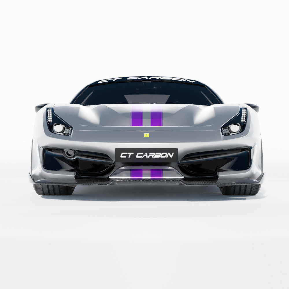 Ferrari 488 Pista carbon fibre kit by CT Design, featuring sleek carbon fibre parts on the sports car.