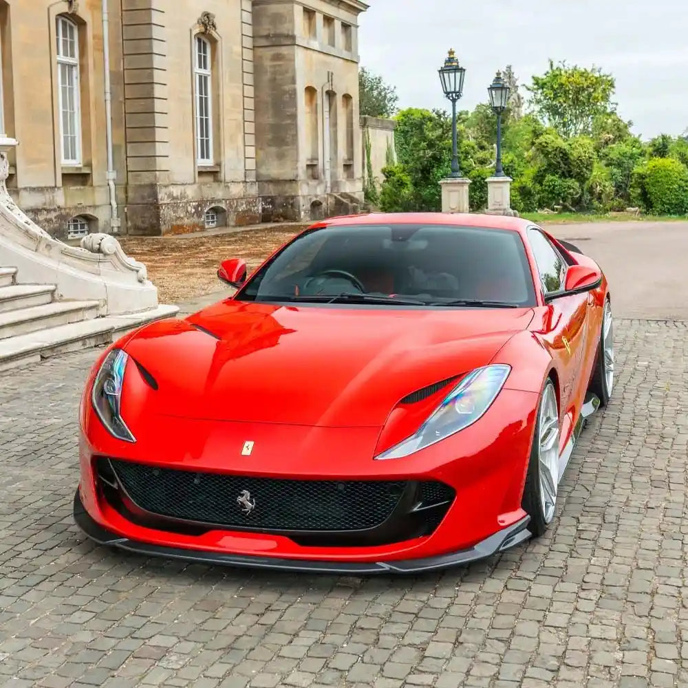 Carbon fibre splitter for Ferrari 812 Superfast and GTS by CT Carbon, shown with detailed weave and aerodynamic design.