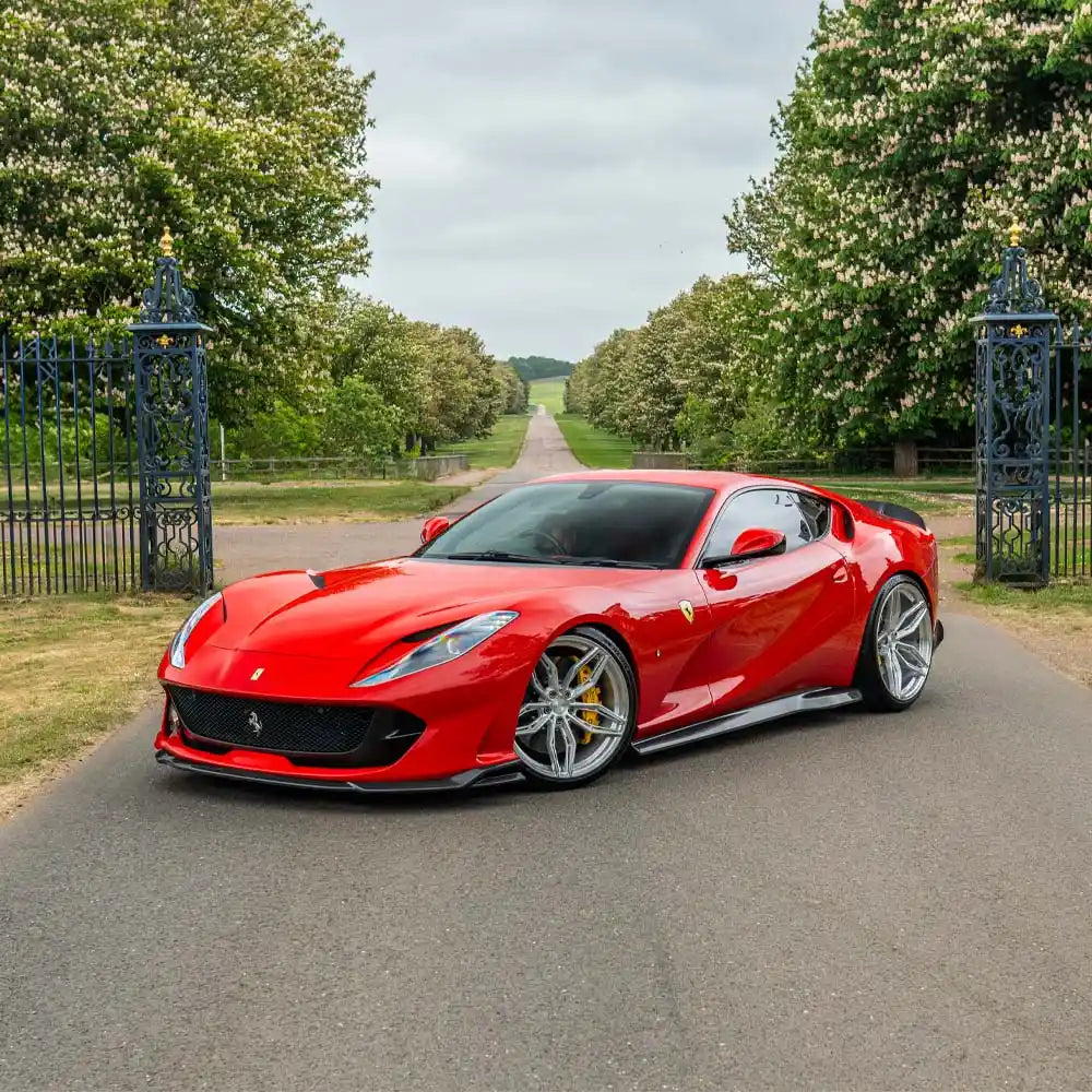 Ferrari 812 Superfast GTS carbon fibre side skirt extension by CT Carbon, showcasing sleek, lightweight automotive styling.