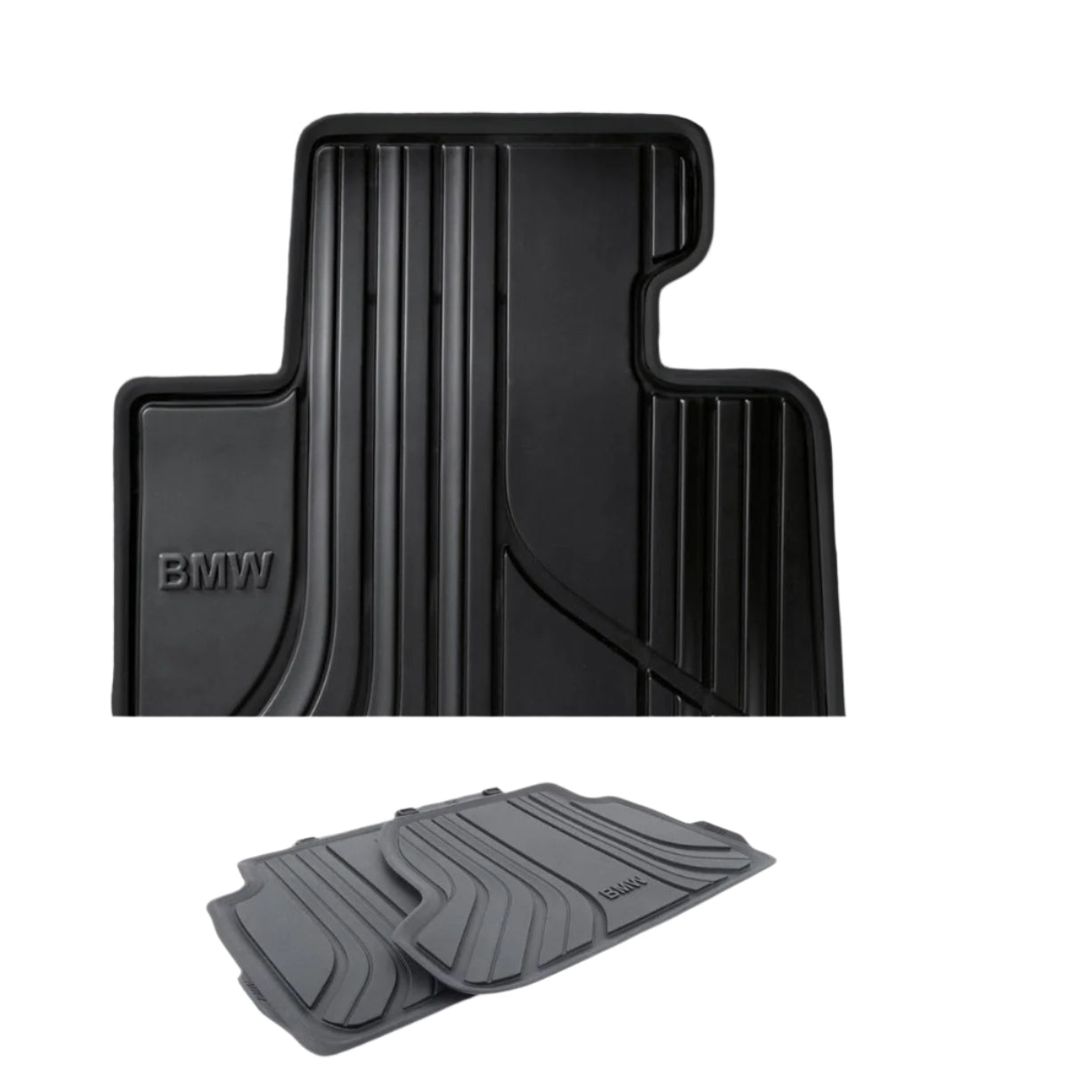 Set of genuine BMW F21, F22, F87 all-weather rubber mats showing textured surface and secure fit for vehicle protection.