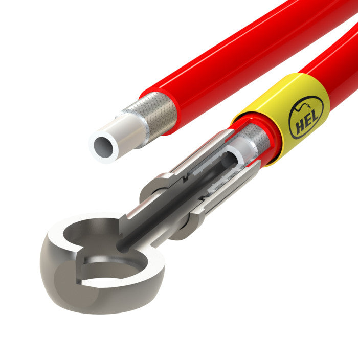Red and yellow tool with a metallic hook on a white background