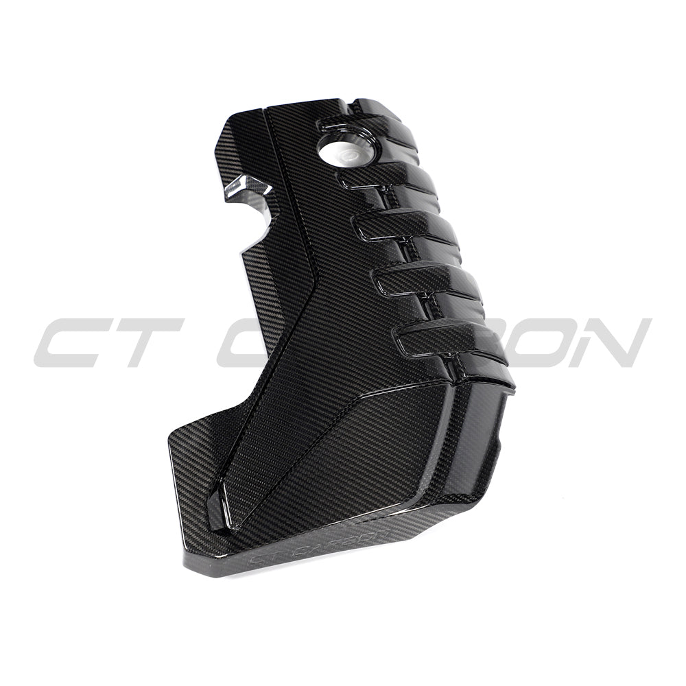 CT Carbon Audi RS3 8Y 2020+ carbon fibre engine cover accessory, showcasing sleek black carbon fiber with textured finish.