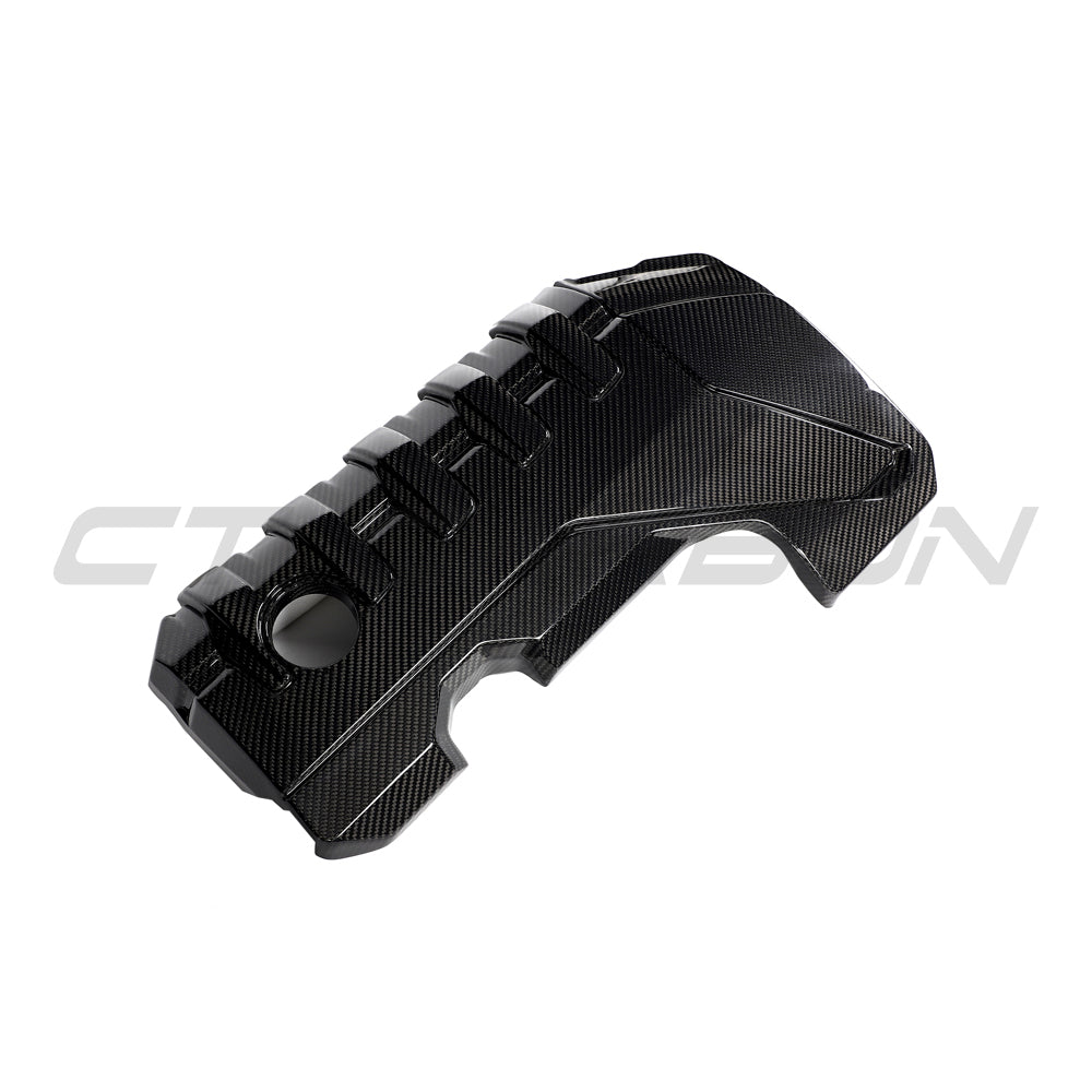 CT Carbon Audi RS3 8Y 2020+ carbon fibre engine cover accessory, showing the sleek textured surface and precise fit for engine bay.