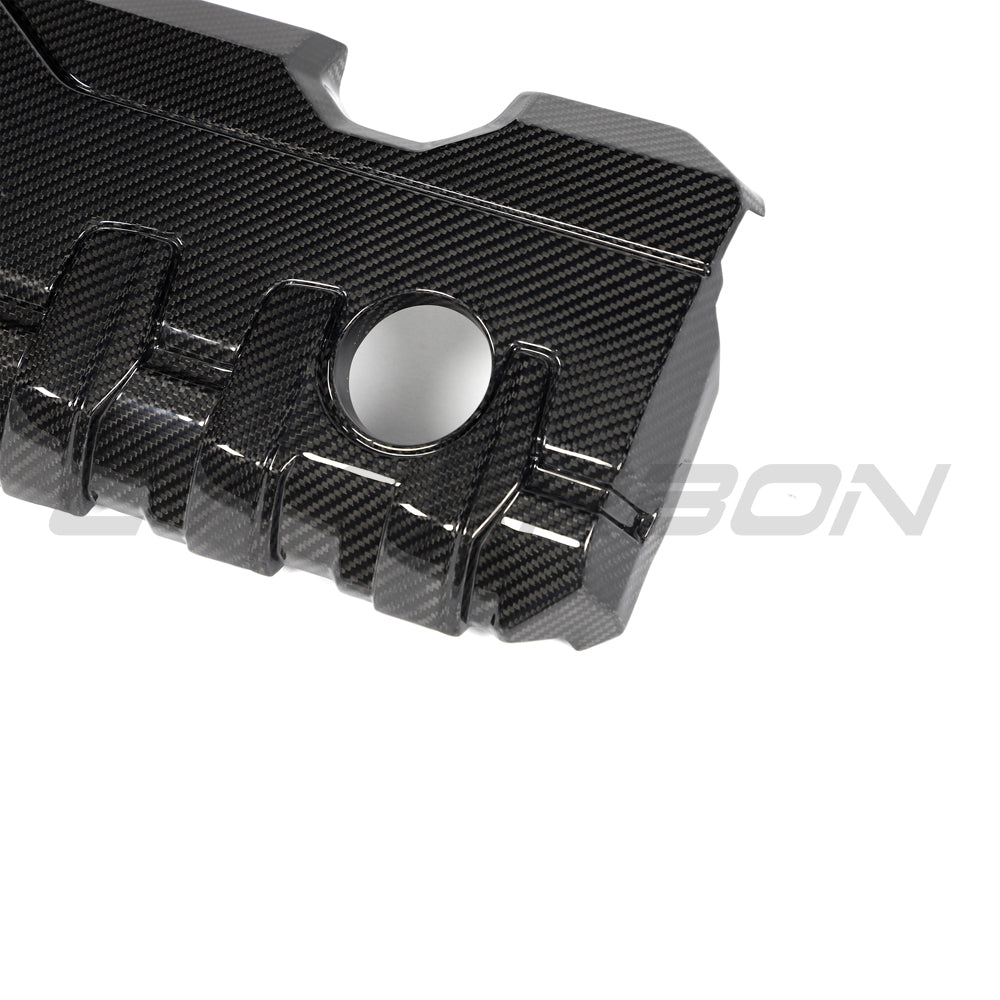 CT Carbon carbon fibre engine cover for Audi RS3 8Y 2020+ car, showcasing sleek, lightweight engine accessory with detailed weave pattern.