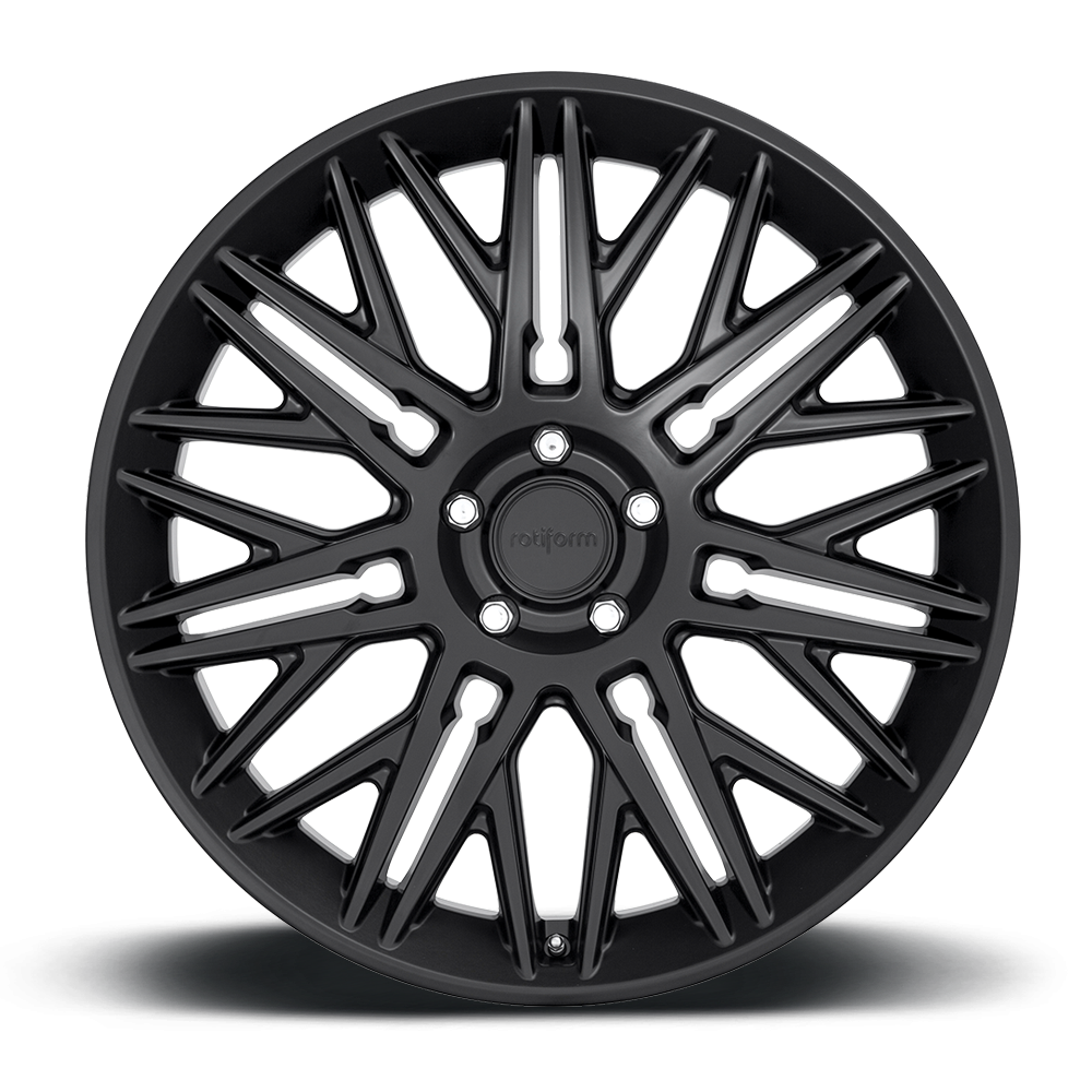 Rotiform JDR black and matte anthracite car wheels with multi-spoke design, shown in a close-up image.