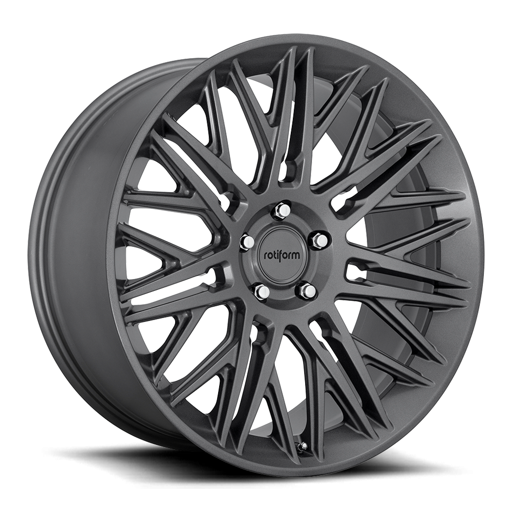 Rotiform JDR black and matte anthracite alloy wheels, showcasing their stylish multi-spoke design and finish.