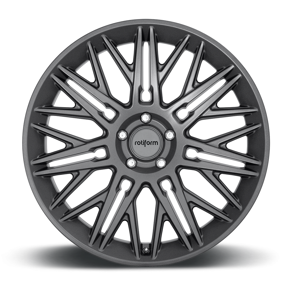 Rotiform JDR black and matte anthracite wheels with multi-spoke design, shown in a close-up image.