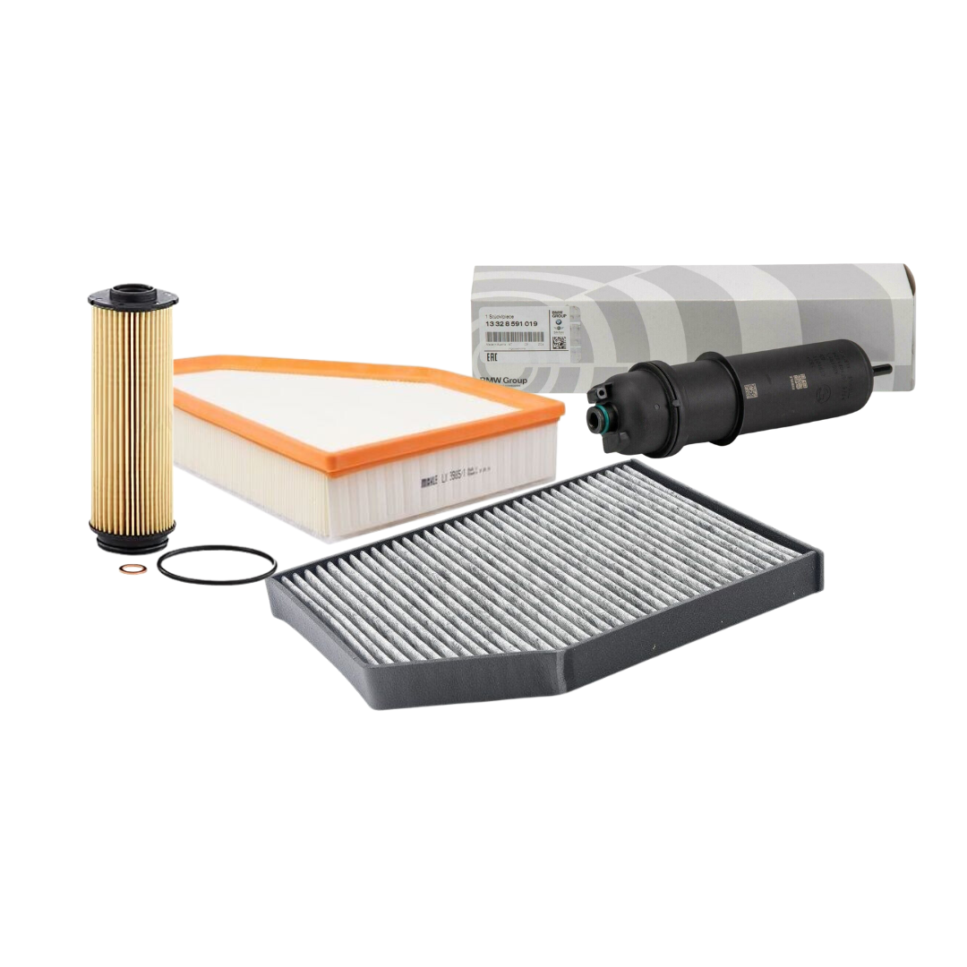 Genuine BMW full service kit for G20 and G26 models including filters, oils, and parts for 330d, 335d, M340d engines.