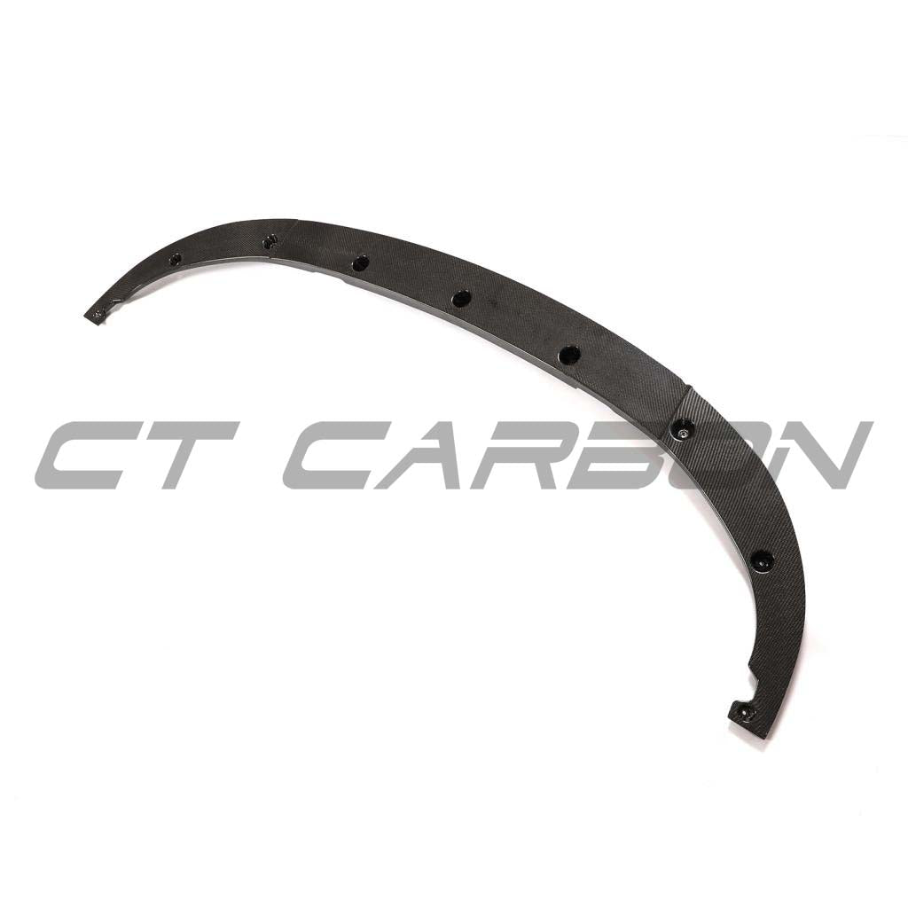 BMW 5 Series G30 G31 2021-2024 dry carbon fiber LCI splitter by CT Carbon, showing detailed close-up of the splitter's design.