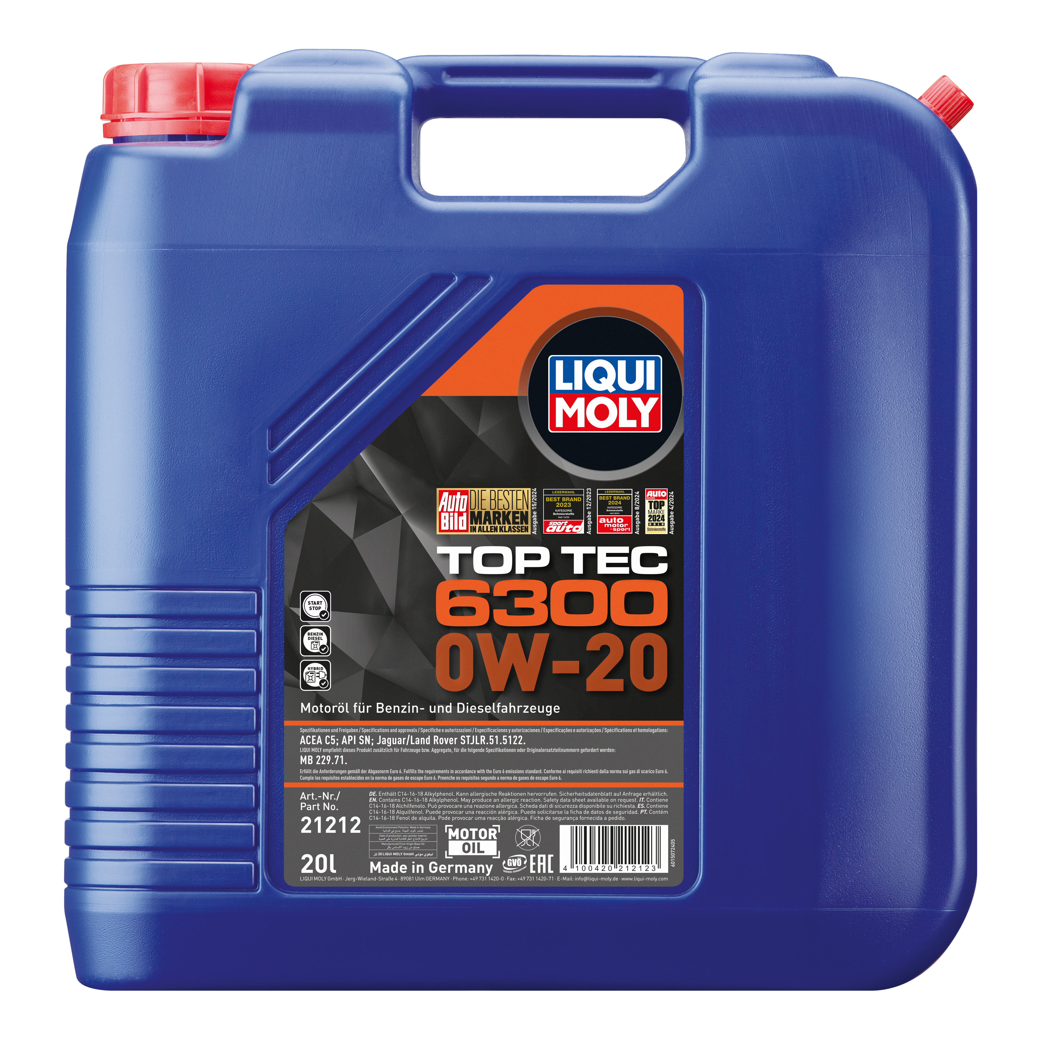 Liqui Moly Top Tec 6300 0W-20 engine oil container with label and cap, designed for automotive engine lubrication.