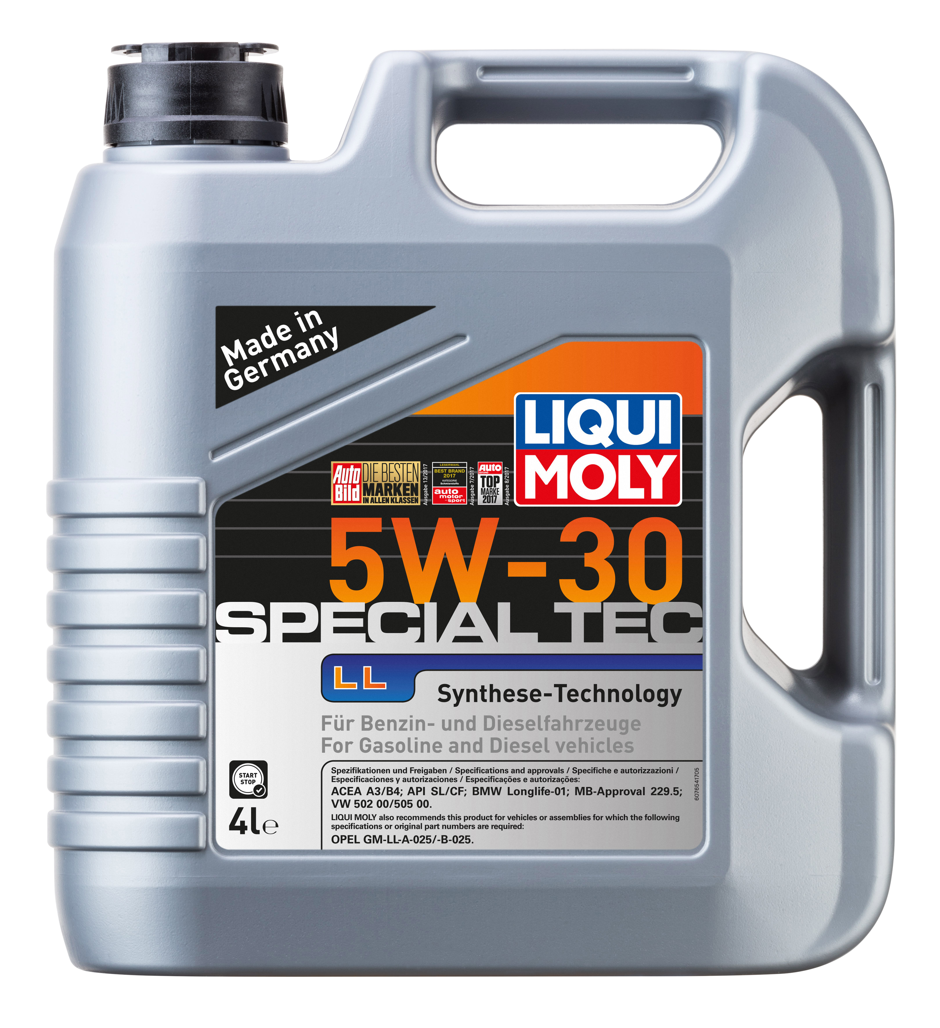Liqui Moly Special Tec LL 5W-30 engine oil container with label showing product details and branding.