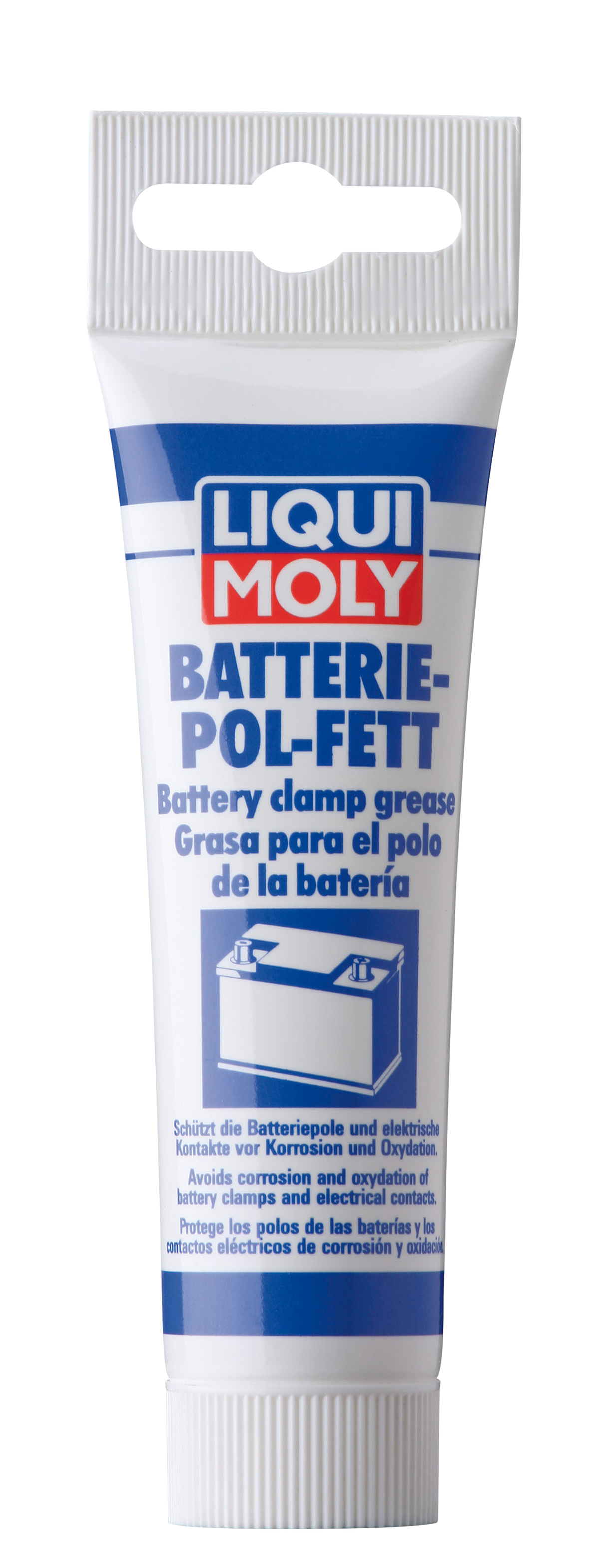 Liqui Moly Battery Clamp Grease container with product label, used for lubricating car battery clamps and terminals.