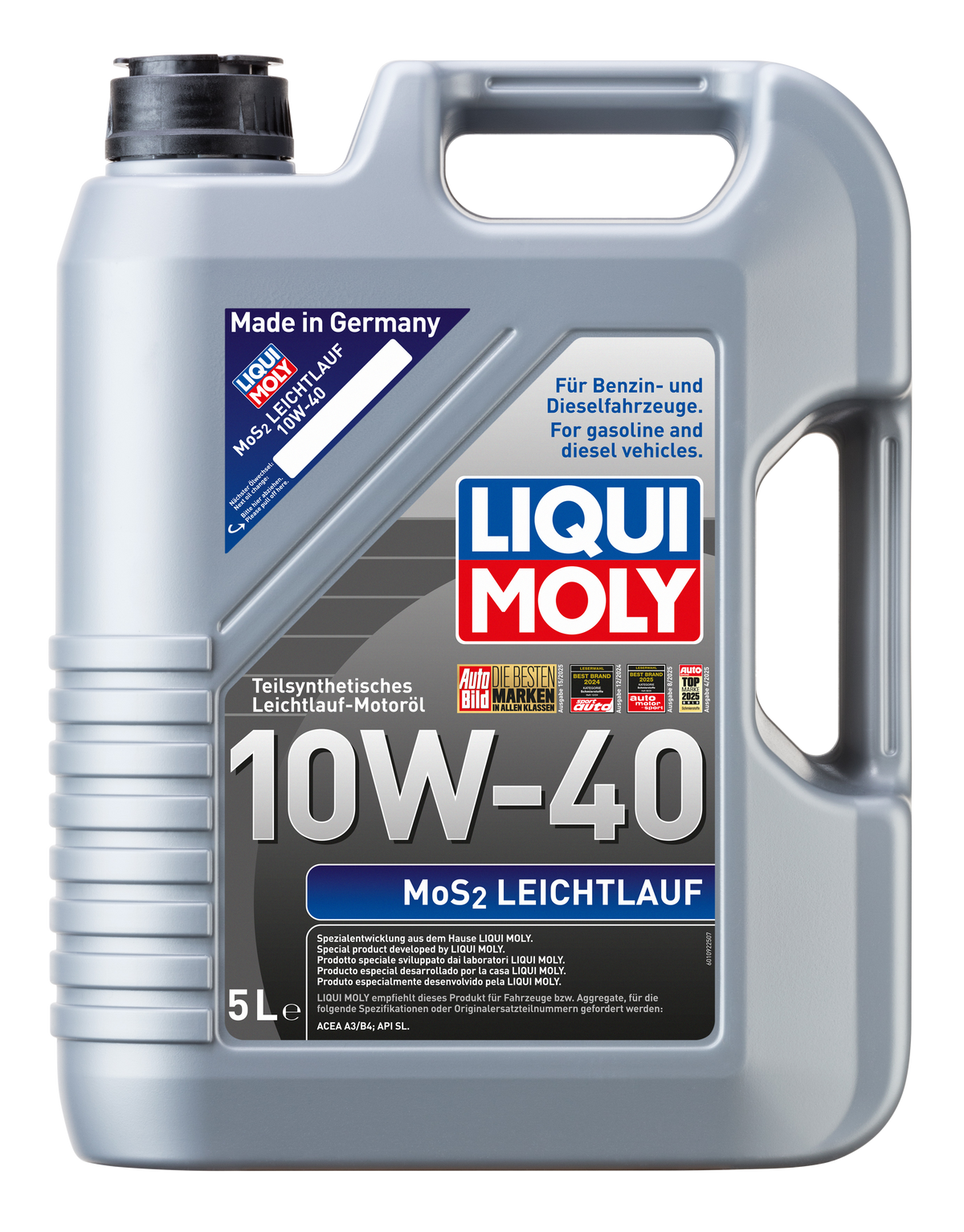 Liqui Moly MoS2 10W-40 engine oil container with label showing product name and brand for smooth running engine lubrication