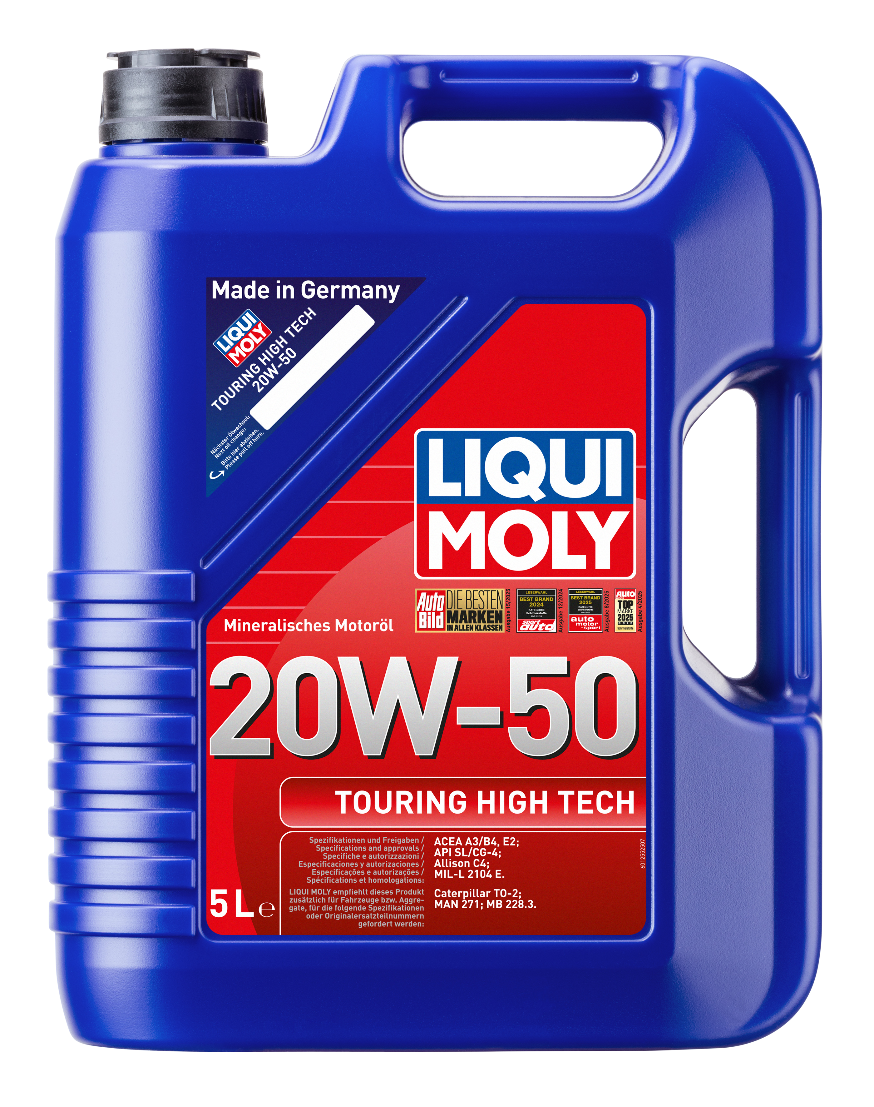 Liqui Moly Touring High Tech 20W-50 engine oil container with label, designed for automotive engine lubrication.