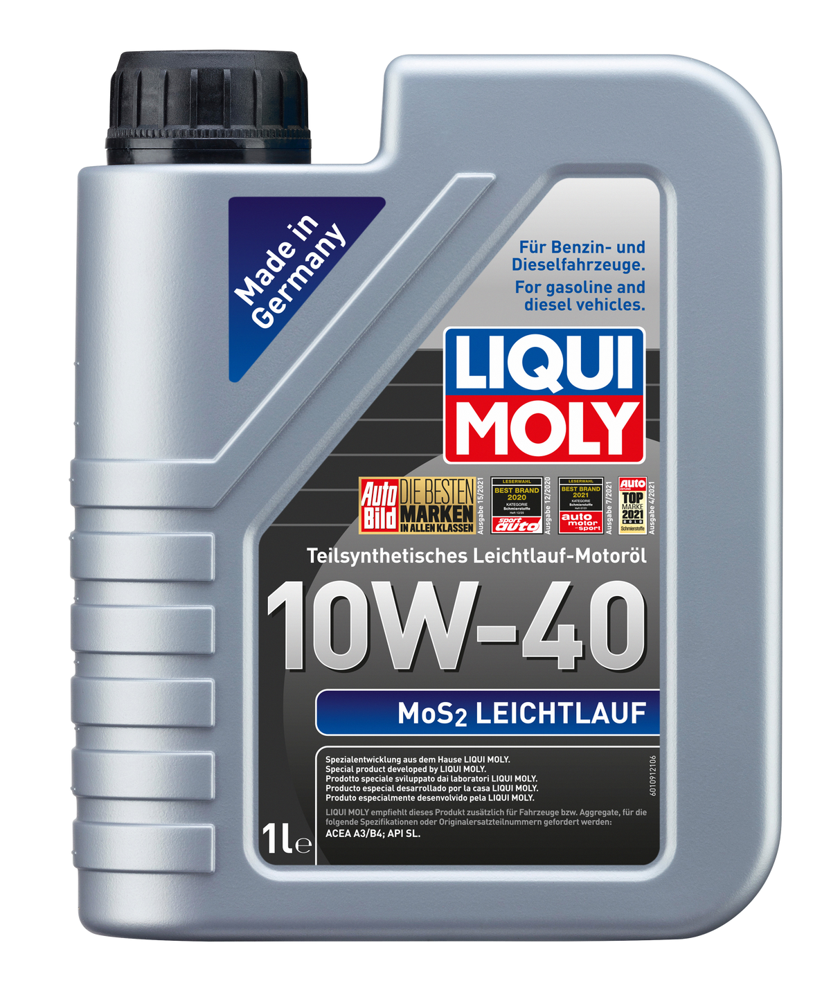 Liqui Moly MoS2 10W-40 engine oil bottle, smooth running engine oil for car engines with MoS2 additive, automotive lubricant