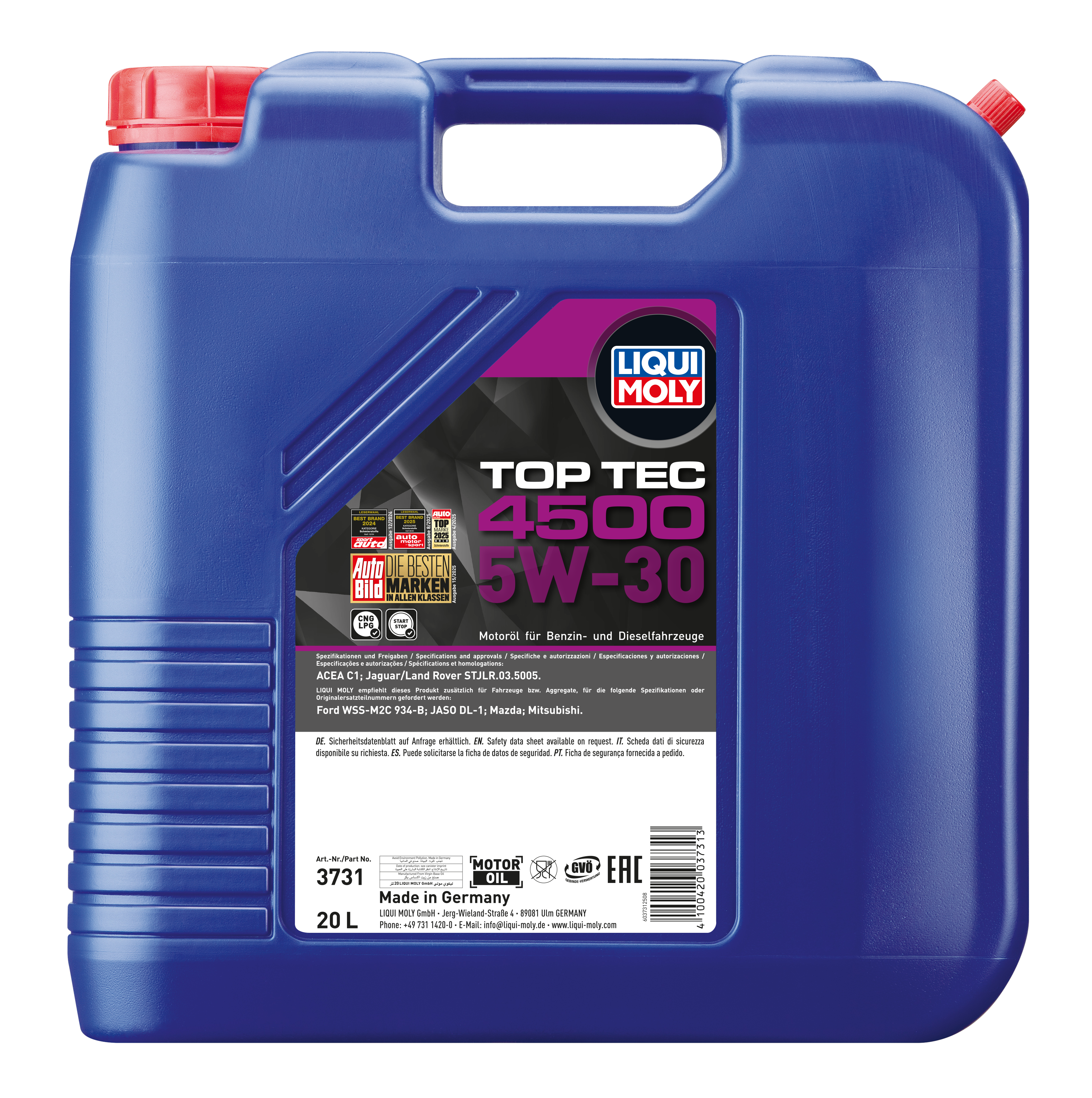 Liqui Moly Top Tec 4500 5W-30 engine oil bottle with label showing brand name and product specifications.
