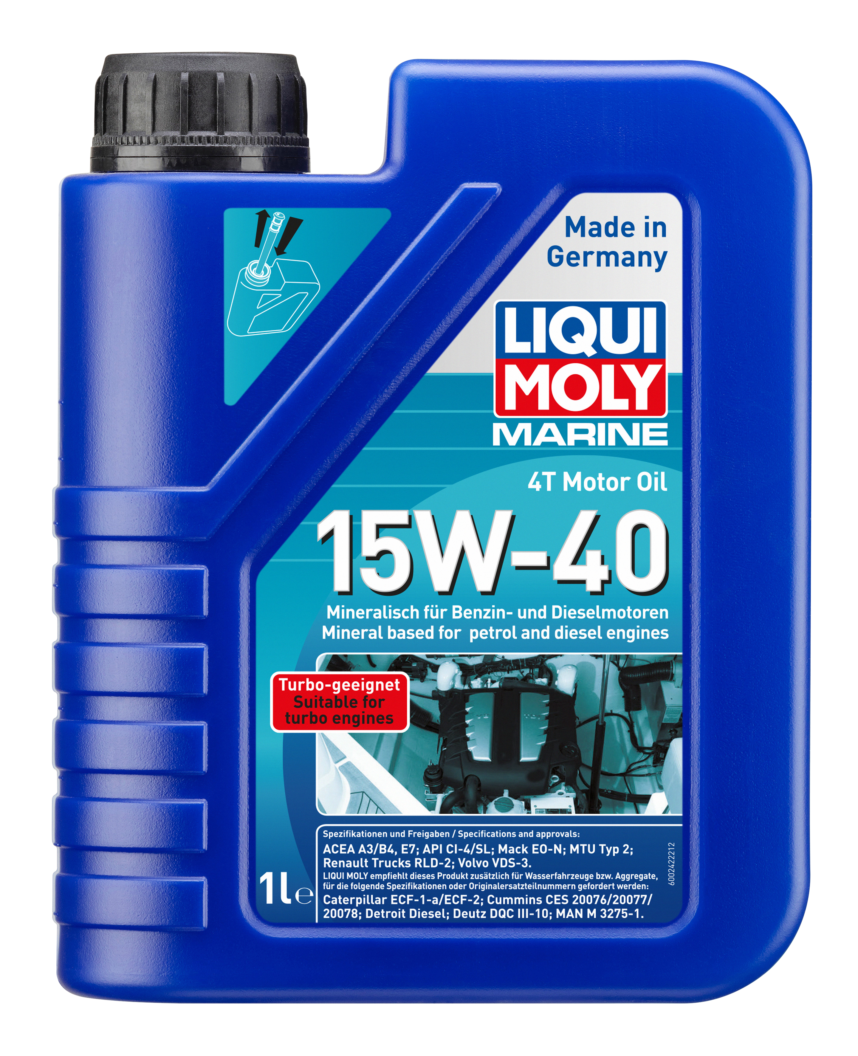 Liqui Moly Marine 4T Motor Oil 15W-40 container, marine engine oil with brand logo and product label visible.