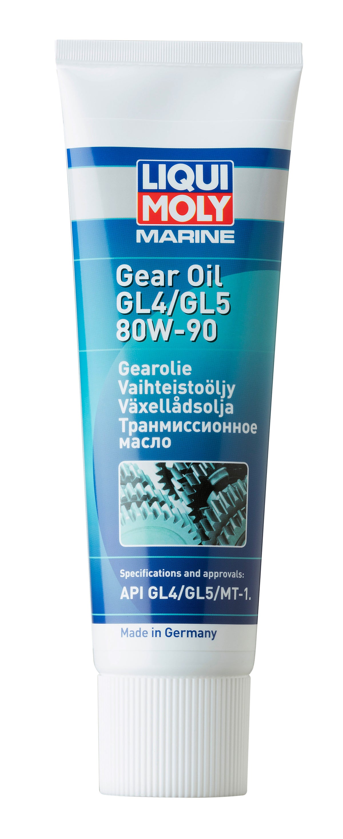 Liqui Moly Marine Gear Oil GL4/GL5 80W-90 in a container, designed for marine gear systems and lubrication.