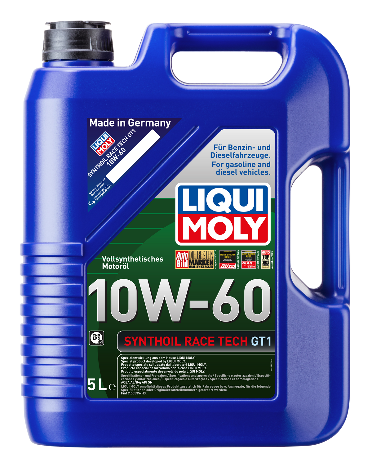 Liqui Moly Synthoil Race Tech GT1 10W-60 engine oil container with product label and branding visible.