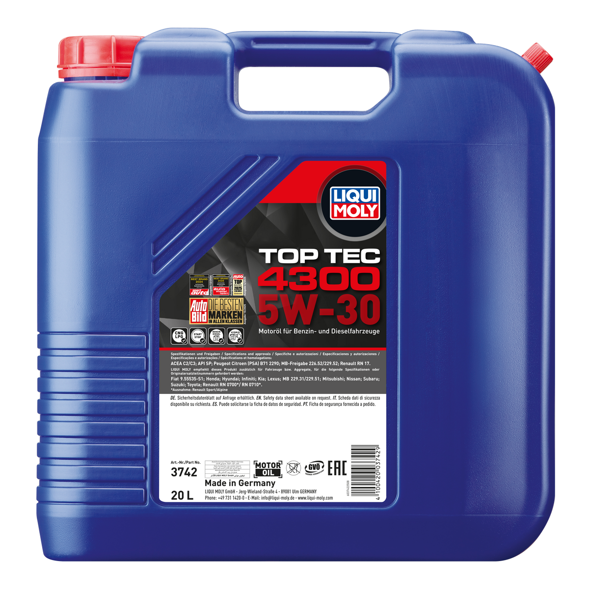 Liqui Moly Top Tec 4300 5W-30 engine oil bottle, high-quality motor oil for vehicle lubrication and engine protection.