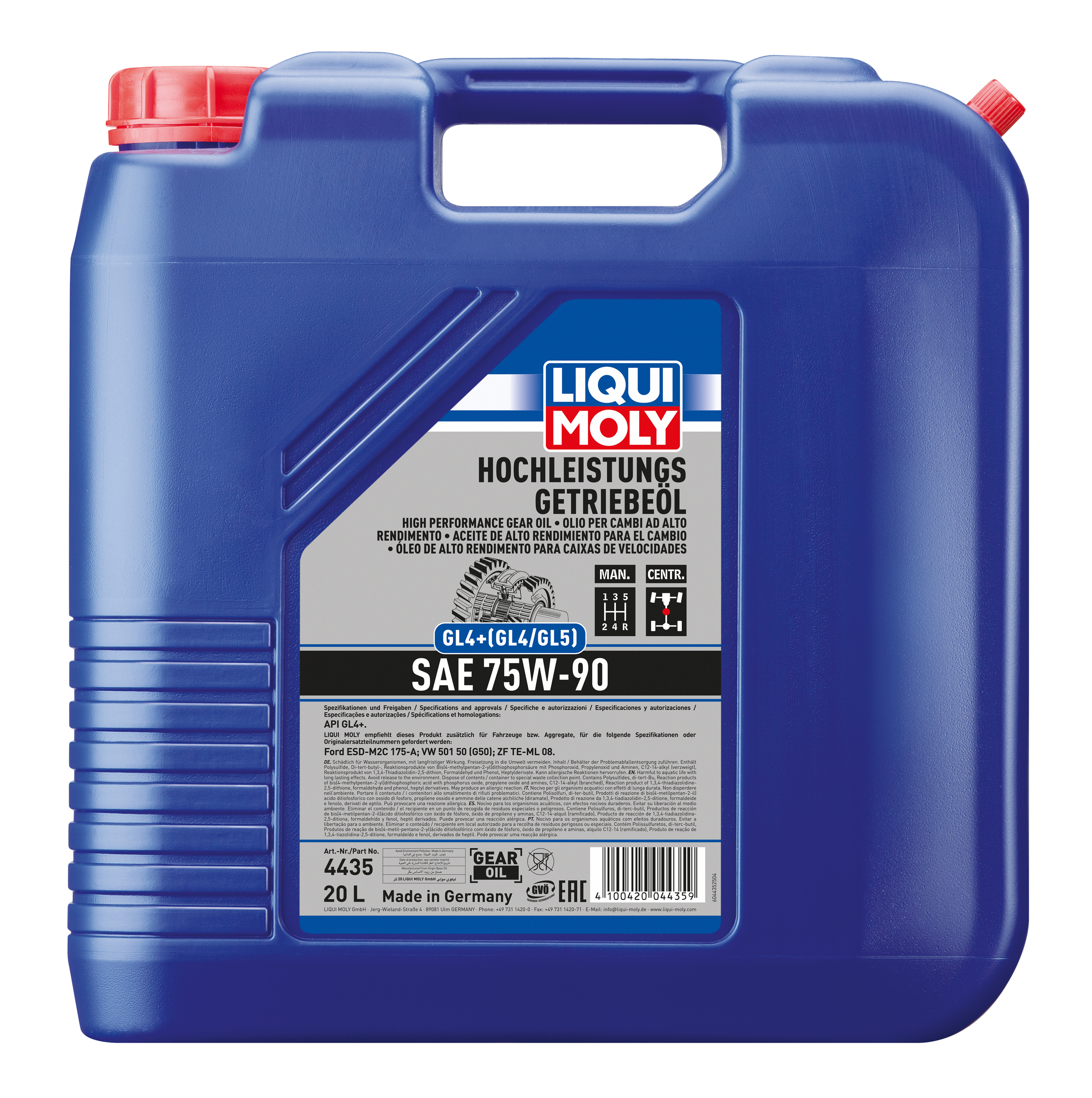 Liqui Moly High Performance Gear Oil GL4+ SAE 75W-90 bottle for gearbox lubrication, with product label visible.