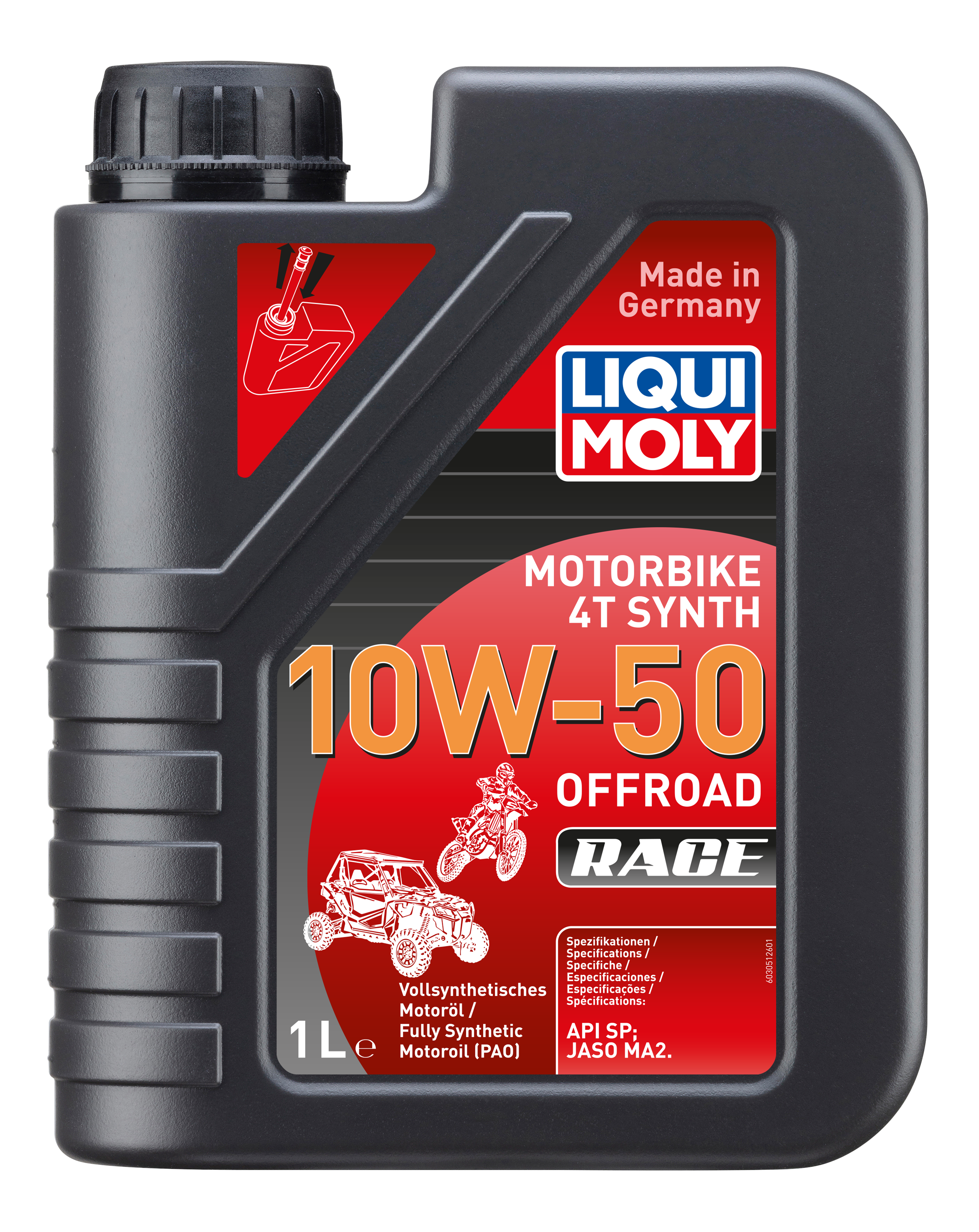 Liqui Moly Motorbike 4T Synth 10W-50 offroad racing motorcycle engine oil container with product label and branding.