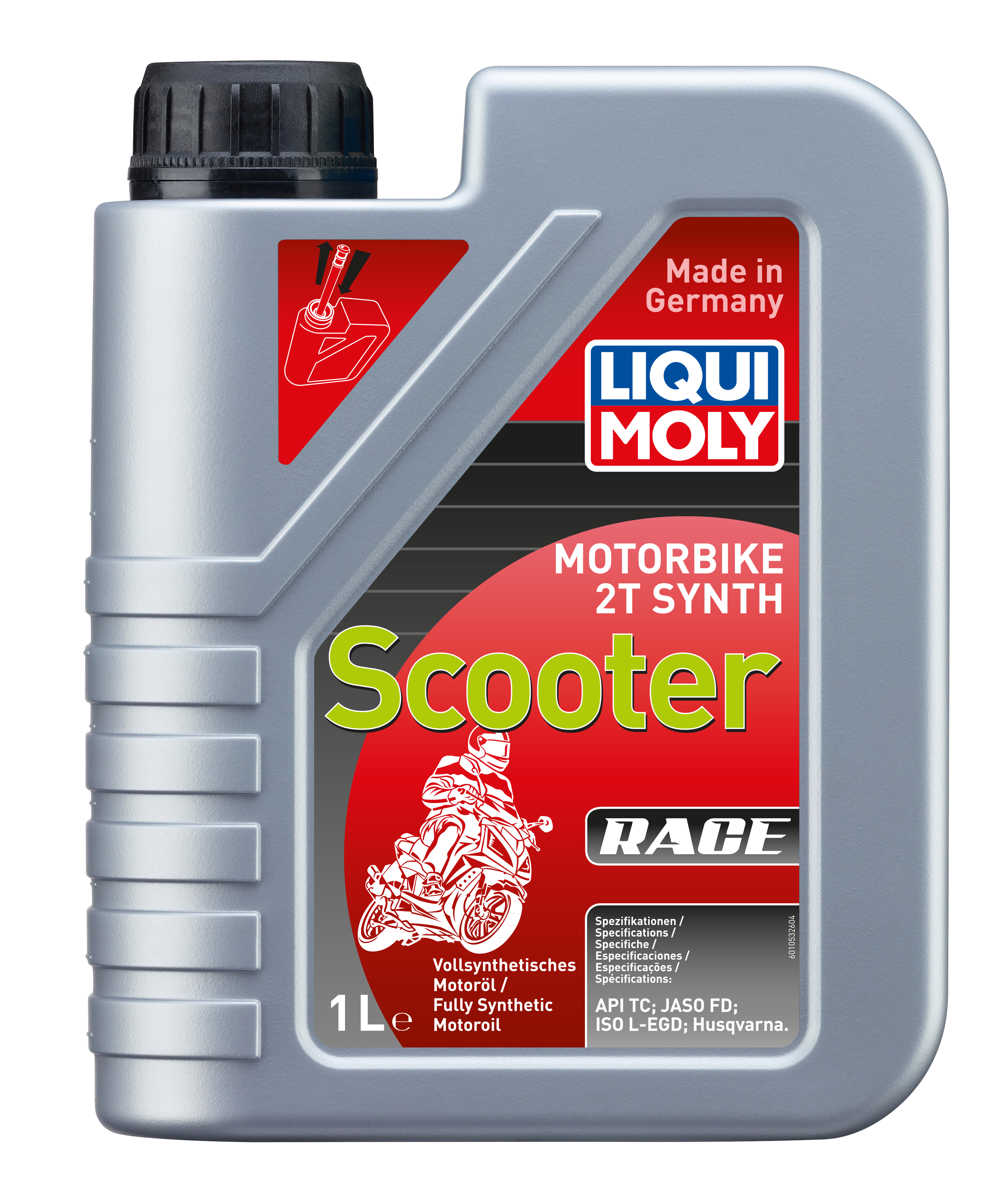 Liqui Moly Motorbike 2T Synth Scooter Race 1L bottle with label, motorbike engine oil for two-stroke scooters.
