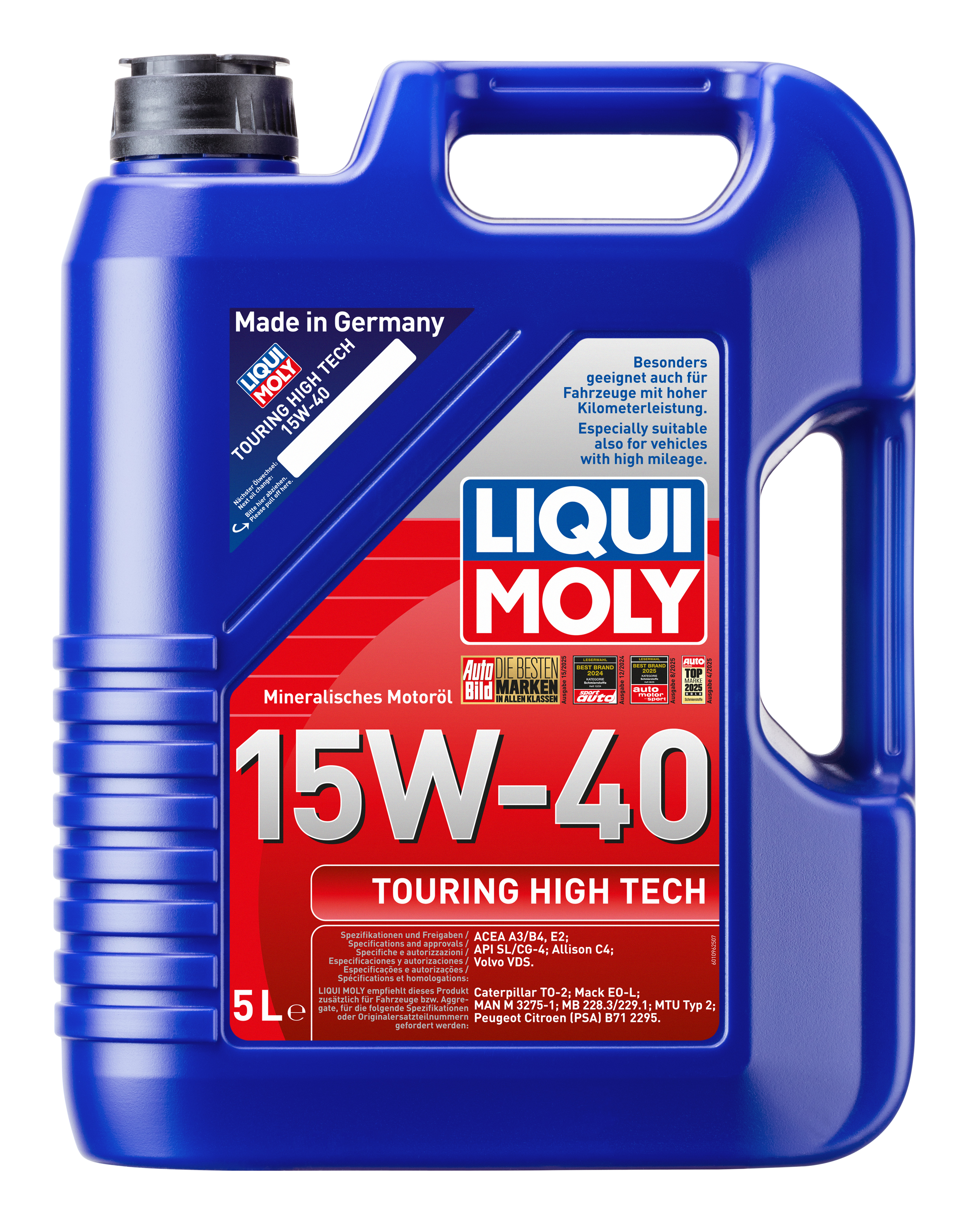 Liqui Moly Touring High Tech 15W-40 engine oil bottle with label showing product details and brand logo.